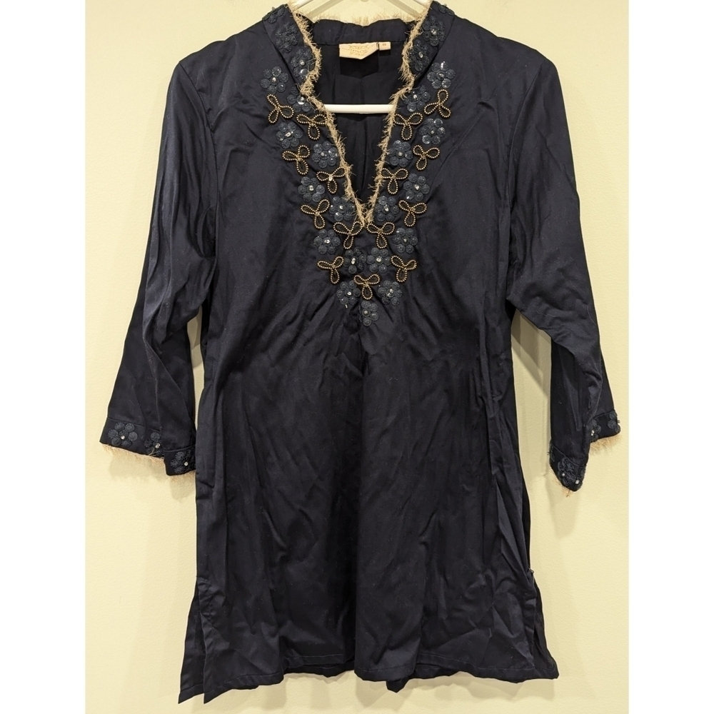 Rungolee Blue Fringe Detailed Notch Neck Tunic Size Small